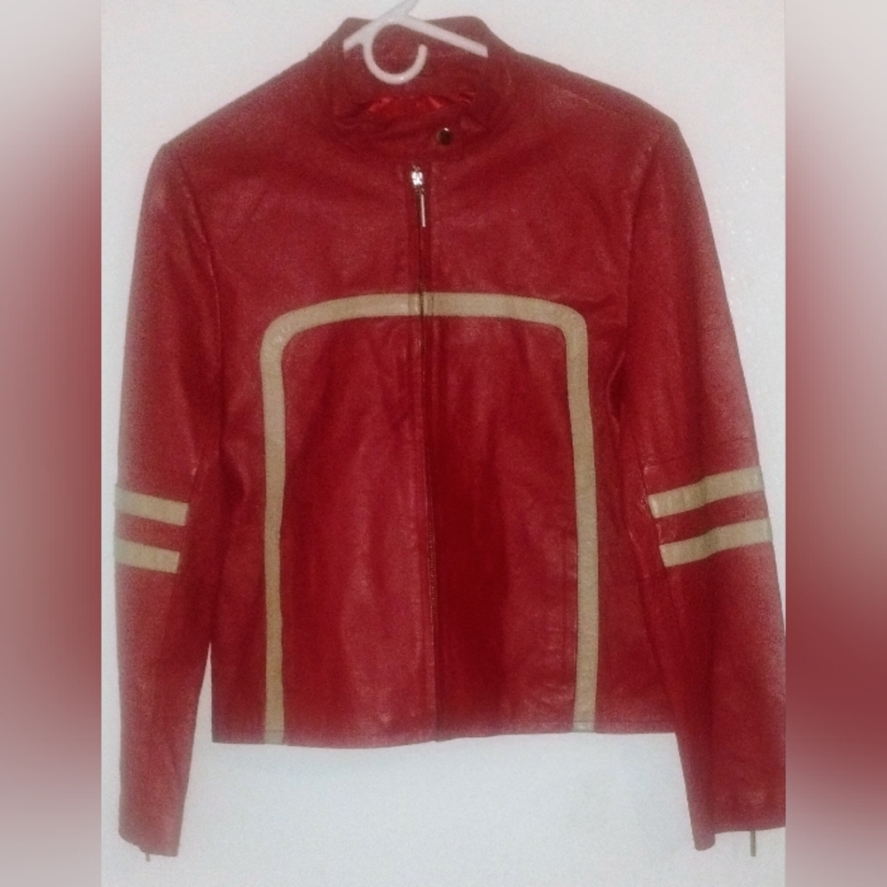Vintage Red Leather Moto Jacket with Cream Accents
